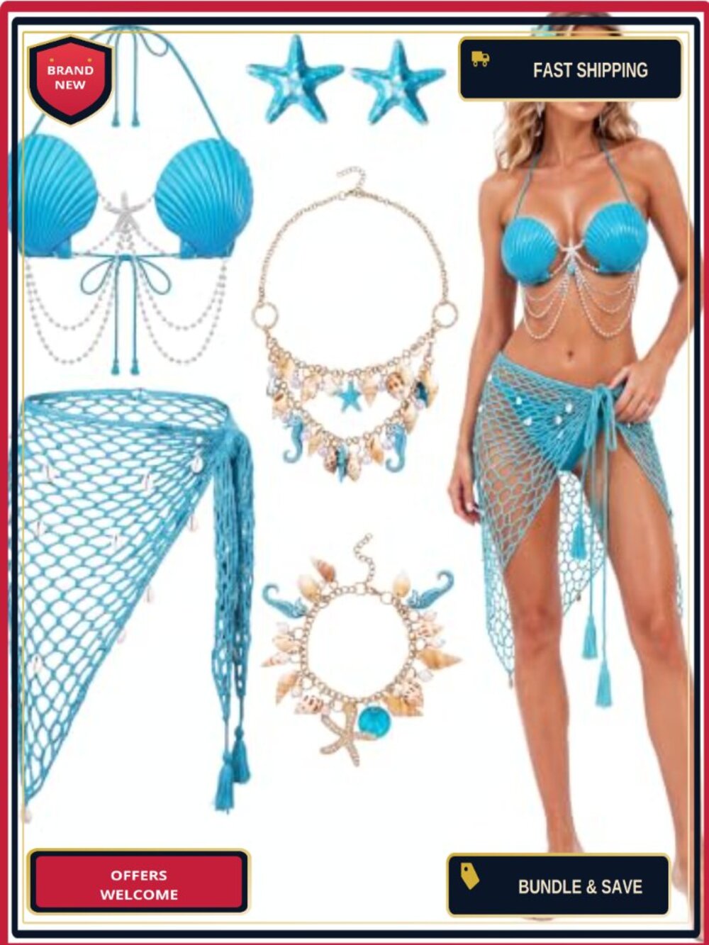 Mermaid Halloween Costume Set Seashell Bra Net Skirt Starfish Necklace